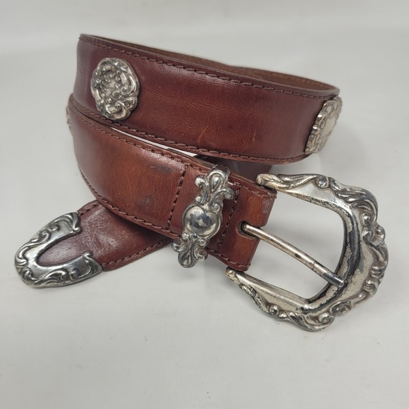 Fossil Accessories - Fossil Belt Sml Brown Leather Silver Western Concho Engraved Cowgirl Boho Rodeo
